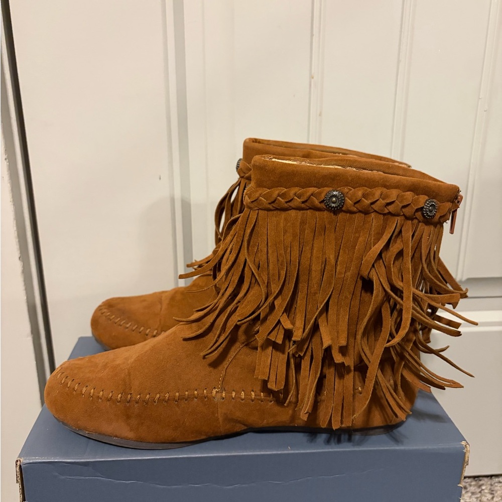 Brown Suede Fringe Moccasin Boots